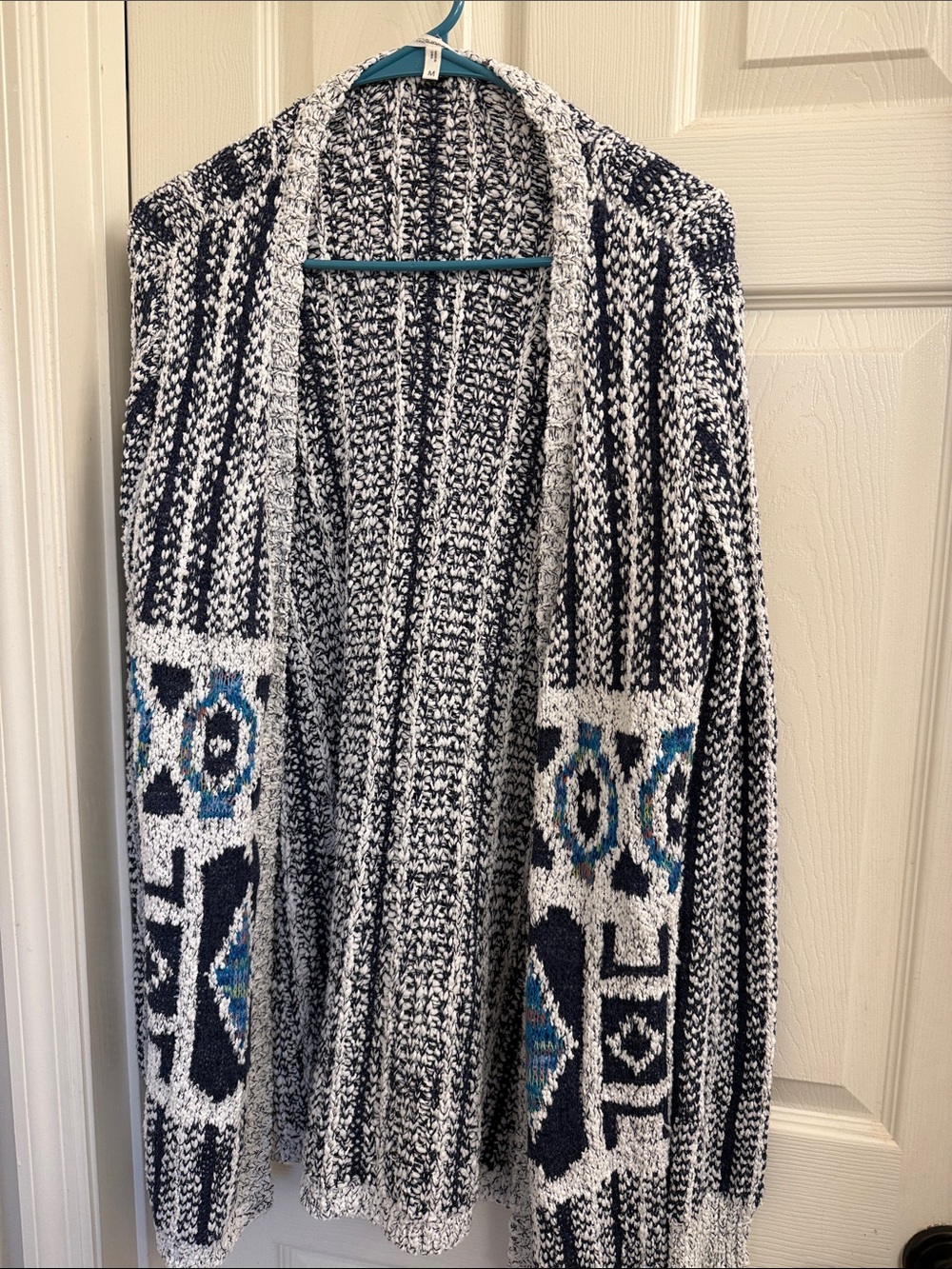 Cozy Navy & White Open-Front Patterned Sweater Cardigan